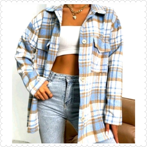 Soft Blue Plaid Flap Pocket Overcoat - Picture 2 of 6